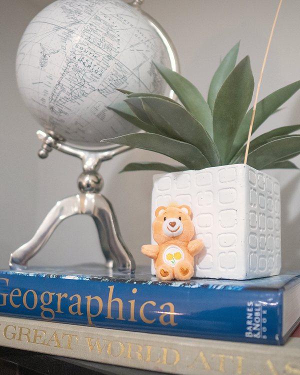 Globe, Care Bear, and plant on a stack of atlases