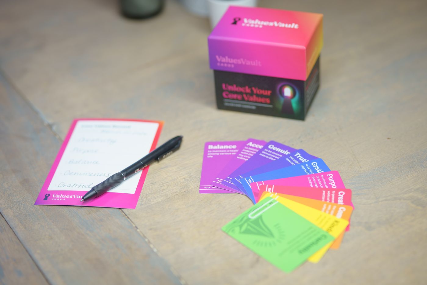 Values Vault card deck with sorted value cards and a values worksheet